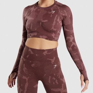 Gymshark Maroon Patterned Long Sleeve Crop Top